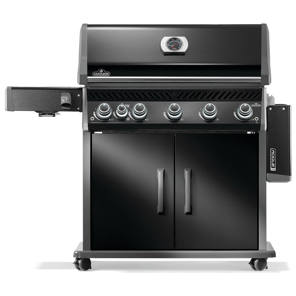 Stainless and black gas grill on cart with front doors and control panel knobs
