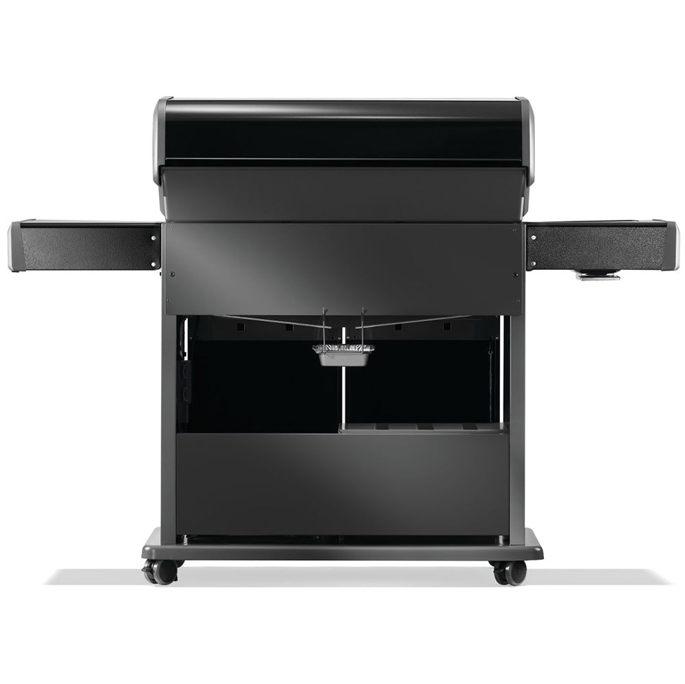Black gas grill on cart with open lid and interior cooking area visible