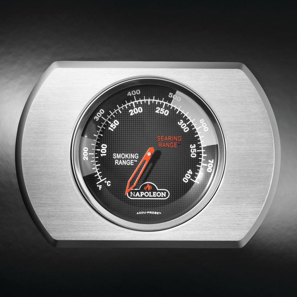 Stainless grill temperature gauge with marked smoking and searing ranges