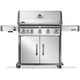 Stainless steel gas grill on cart with two-door cabinet and control knobs