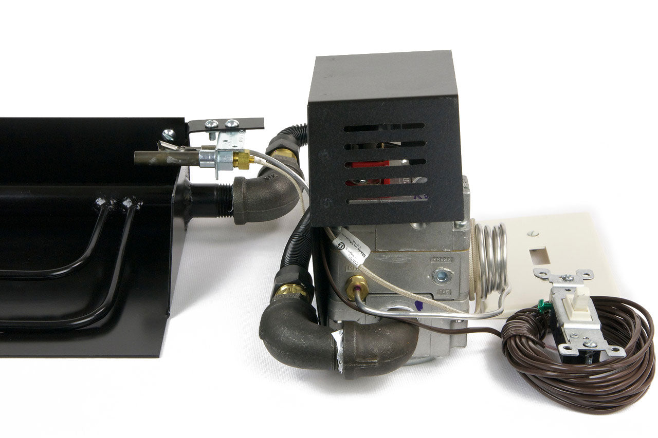 Gas safety pilot valve kit with black control box, wiring harness, and metal valve body
