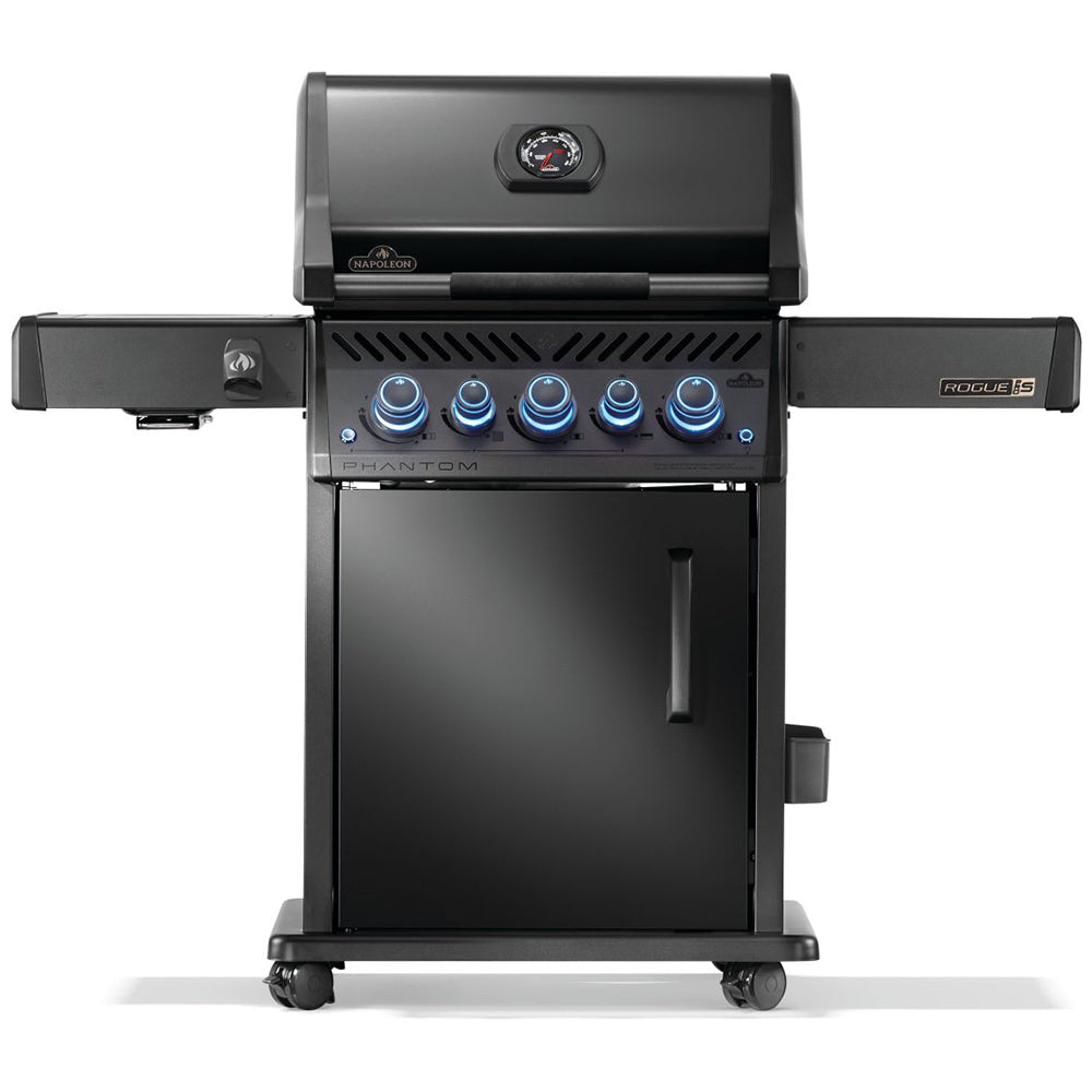 Gas grill on cart with side shelf, blue control knobs, and closed hood