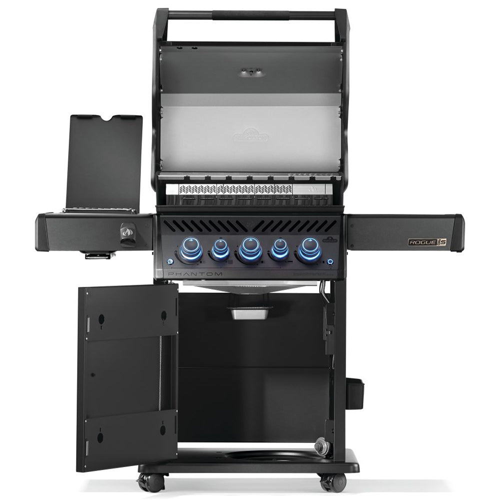 Gas grill on cart with lid open, front doors open, and control knobs visible
