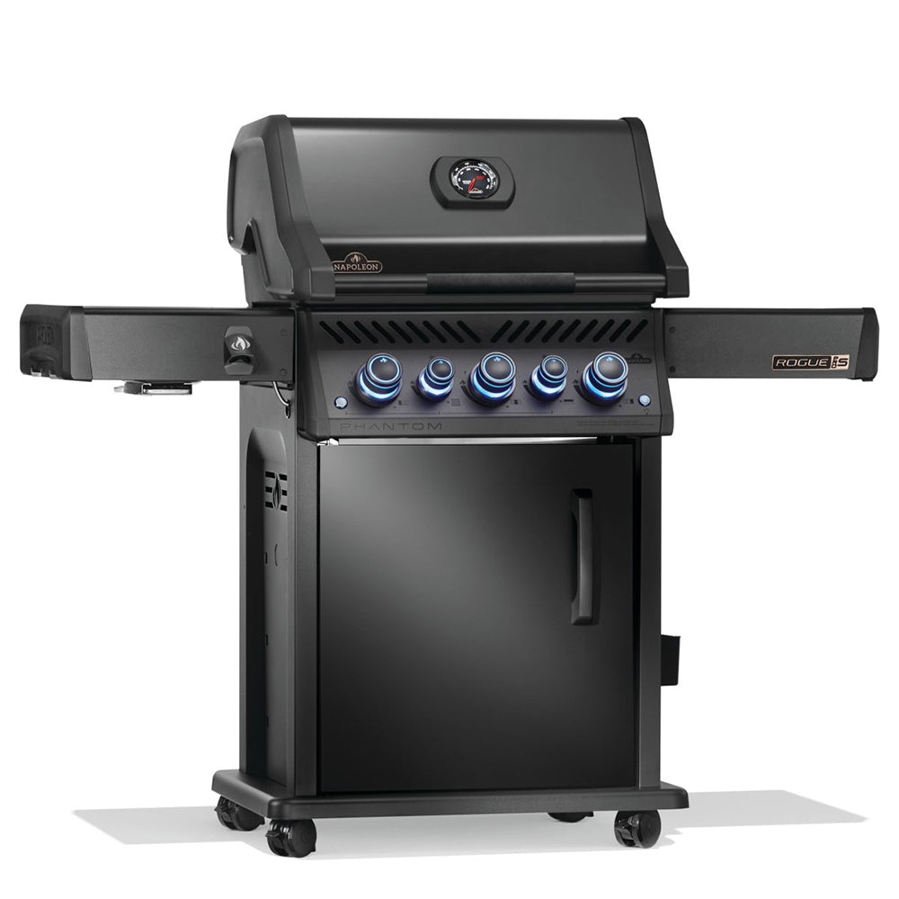 Gas grill on cart with side shelf, blue-ring knobs, and closed hood