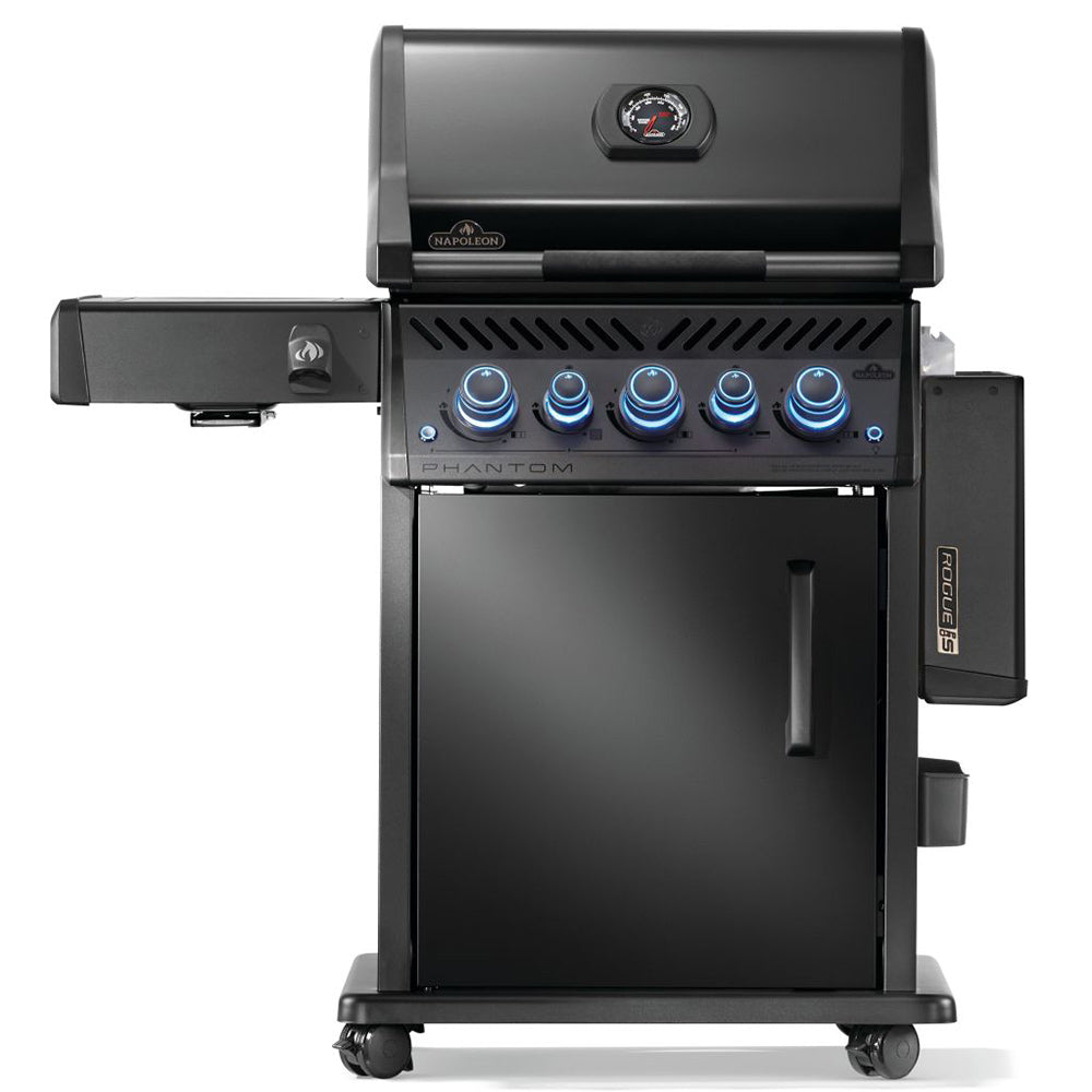 Gas grill on cart with control panel knobs, side shelves, and closed hood