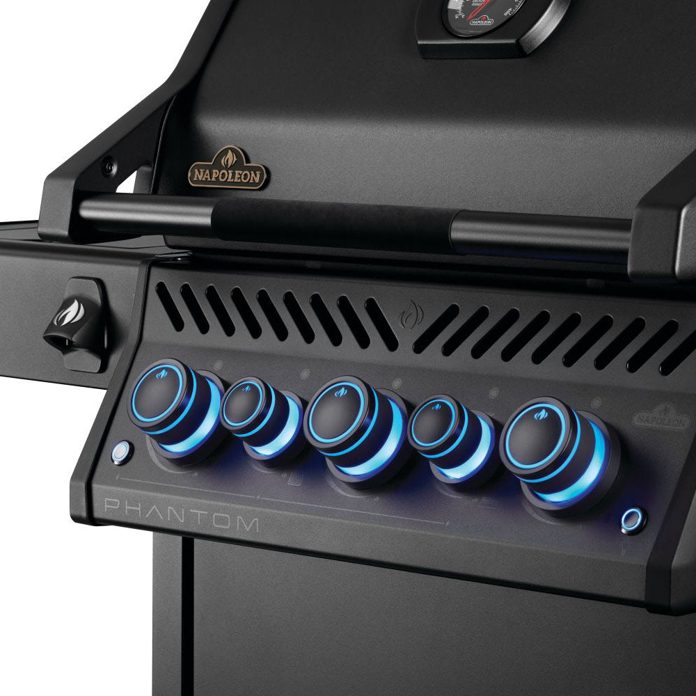 Gas grill control panel with blue-ring knobs and burner control area