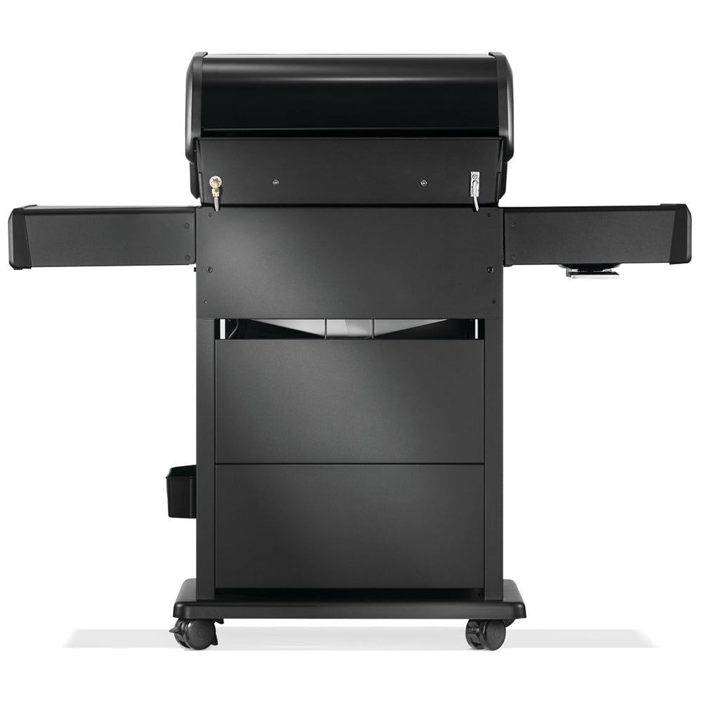 Gas grill on cart with rear panel and side shelves, lid closed