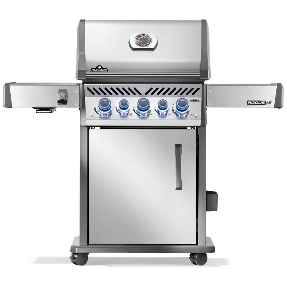 Napoleon Rogue PRO-S 425 gas grill on cart, stainless lid and front door panel