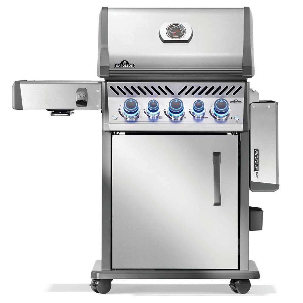 Napoleon Rogue PRO-S 425 gas grill on cart with side shelf and control knobs