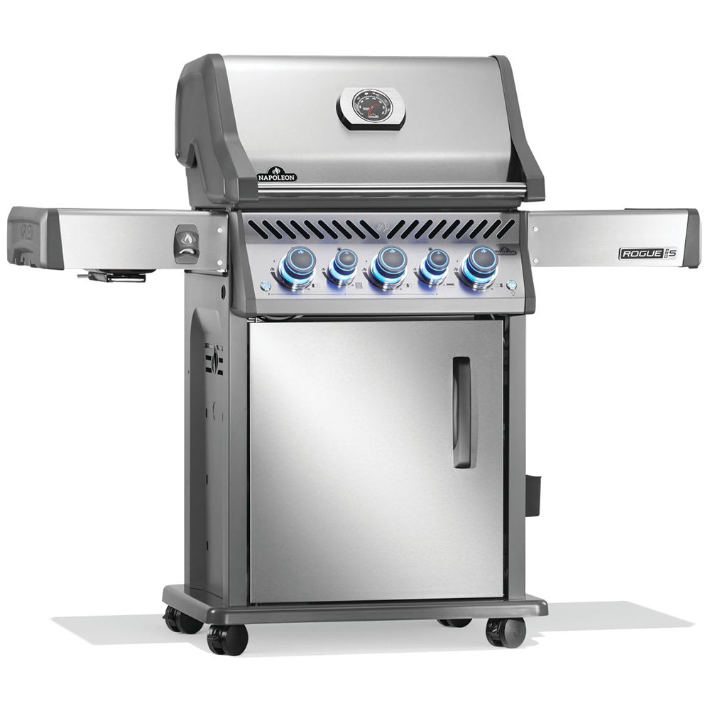 Napoleon Rogue PRO-S 425 gas grill on cart with side shelves and front door
