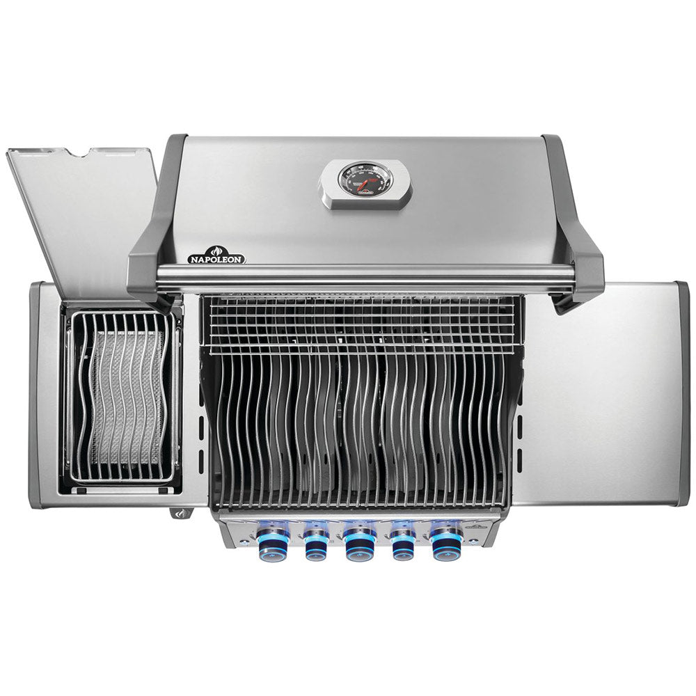 Napoleon Rogue PRO-S 425 gas grill with open lid and infrared burner panel