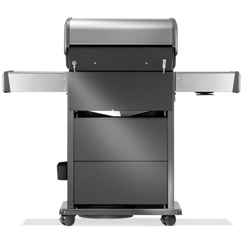 Napoleon Rogue PRO-S 425 gas grill with open hood and closed cart cabinet doors