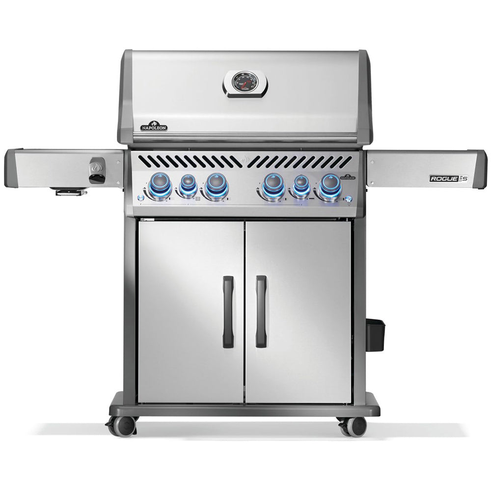 Stainless steel gas grill on cart with blue control knobs, lid handle, and double doors