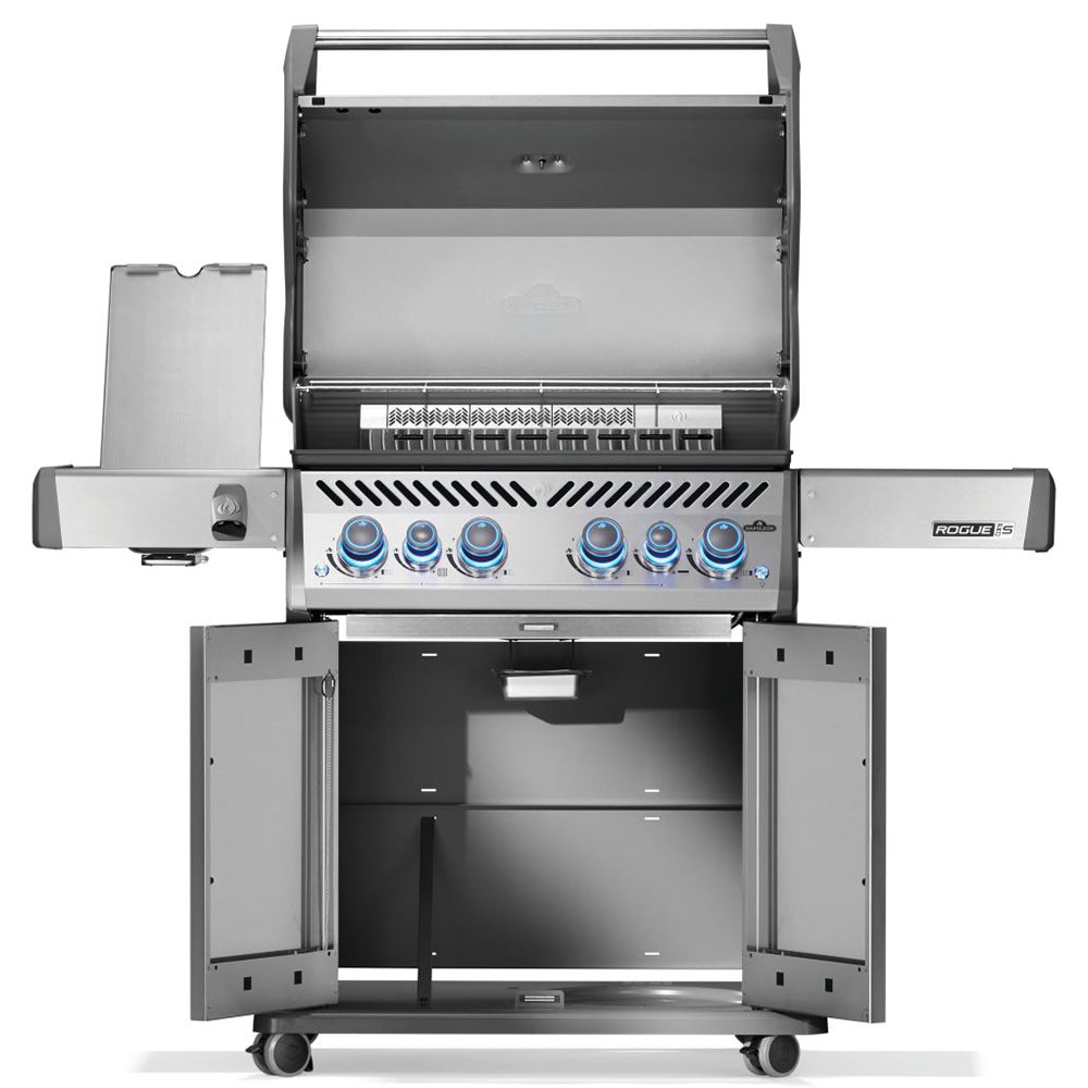Open stainless steel gas grill on cart showing cooking area and control panel with blue knobs