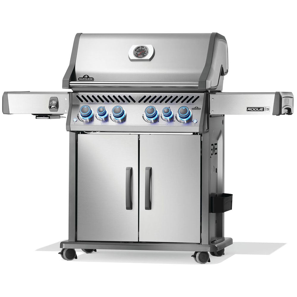 Stainless steel gas grill on cart with blue control knobs, double doors, and side shelves