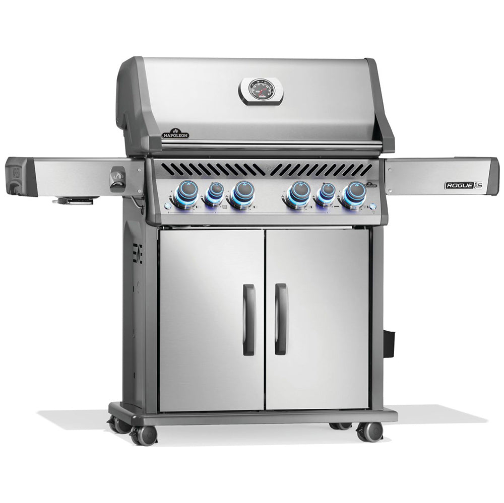 Stainless steel gas grill on cart with blue control knobs and double doors