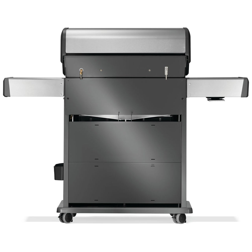 Stainless steel gas grill back panel with lid open and rear access area