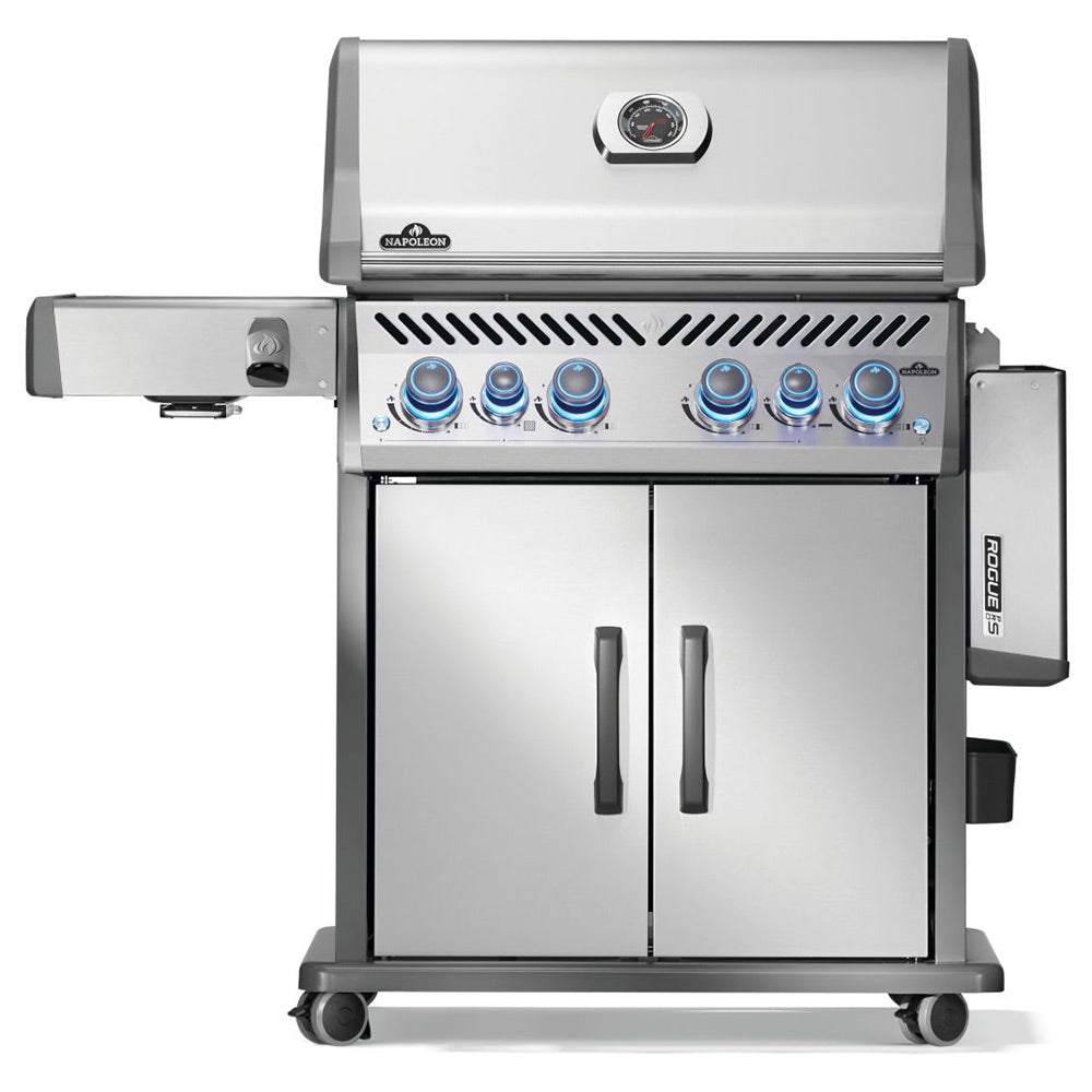 Stainless steel gas grill on cart with blue control knobs, double doors, and side panel