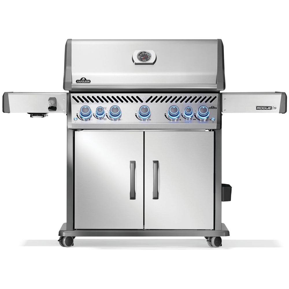 Stainless steel gas grill on cart with two cabinet doors and control knobs