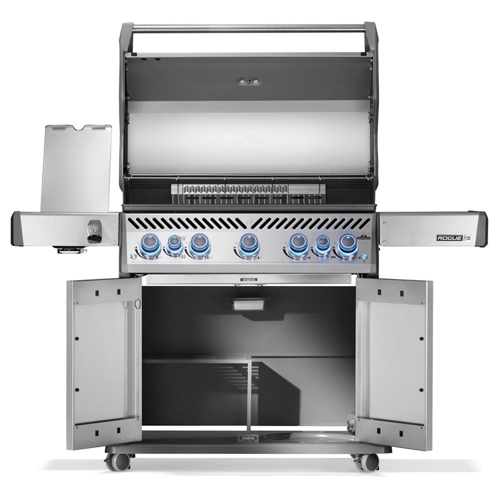 Gas grill with open cart cabinet and exposed burner controls