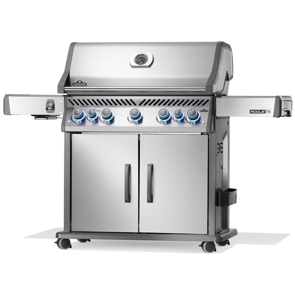 Stainless steel gas grill on cart with two front cabinet doors and side handles