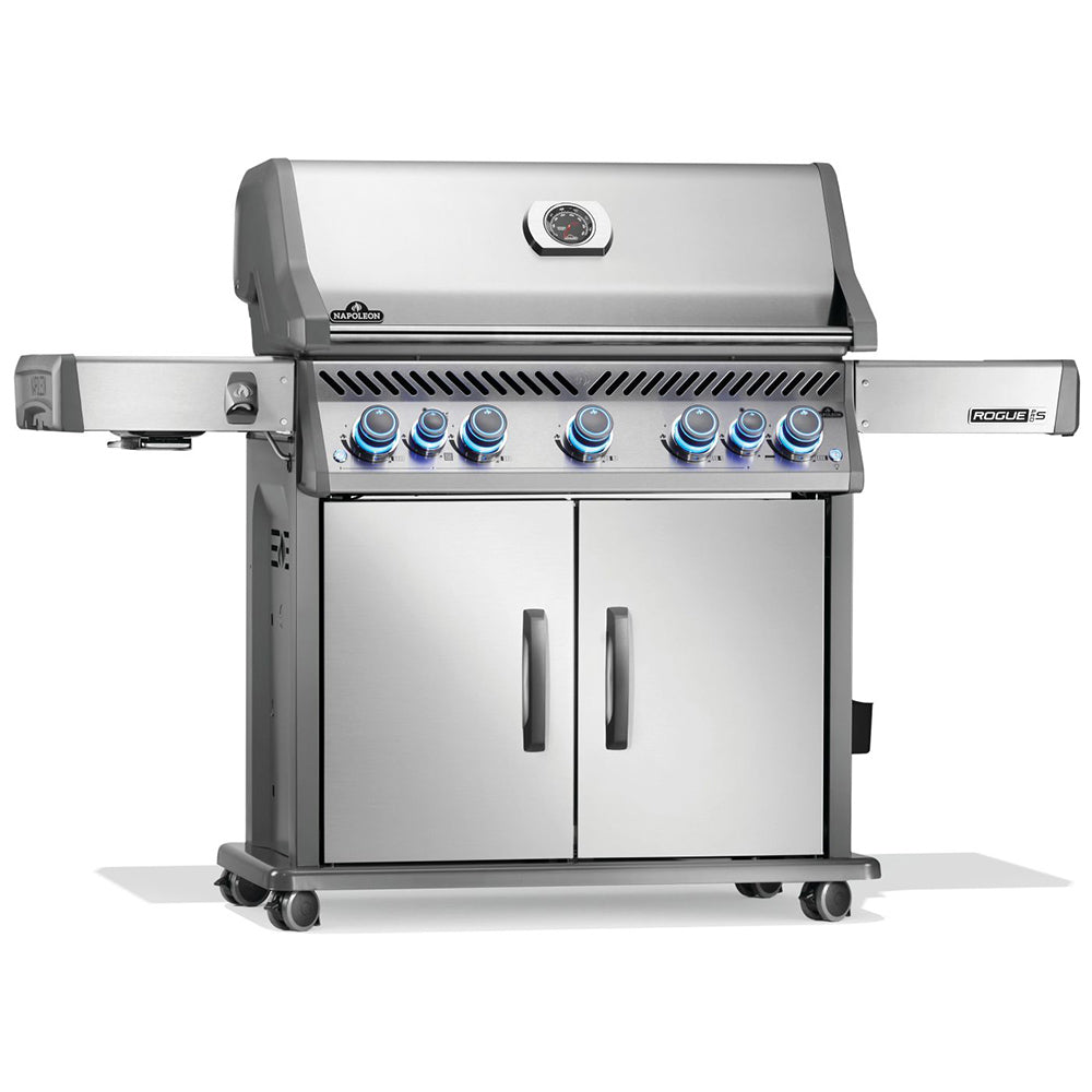 Stainless steel gas grill with control knobs and double cabinet doors on wheels