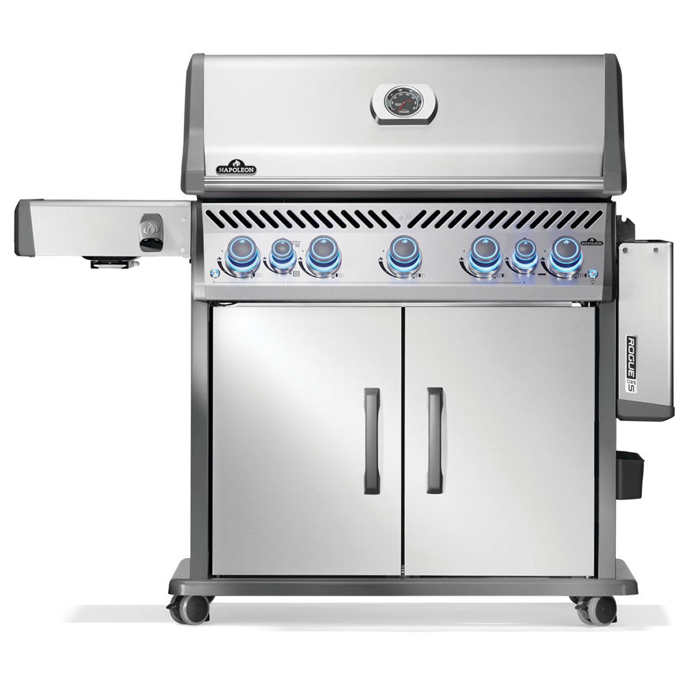 Gas grill on cart with stainless steel lid, blue control knobs, and cabinet doors