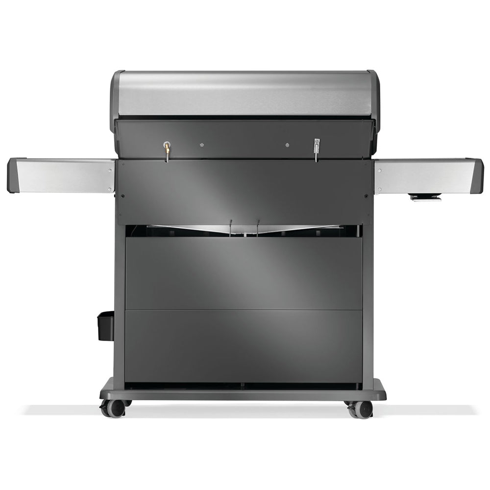 Gas grill with side panels and open hood revealing interior cooking area