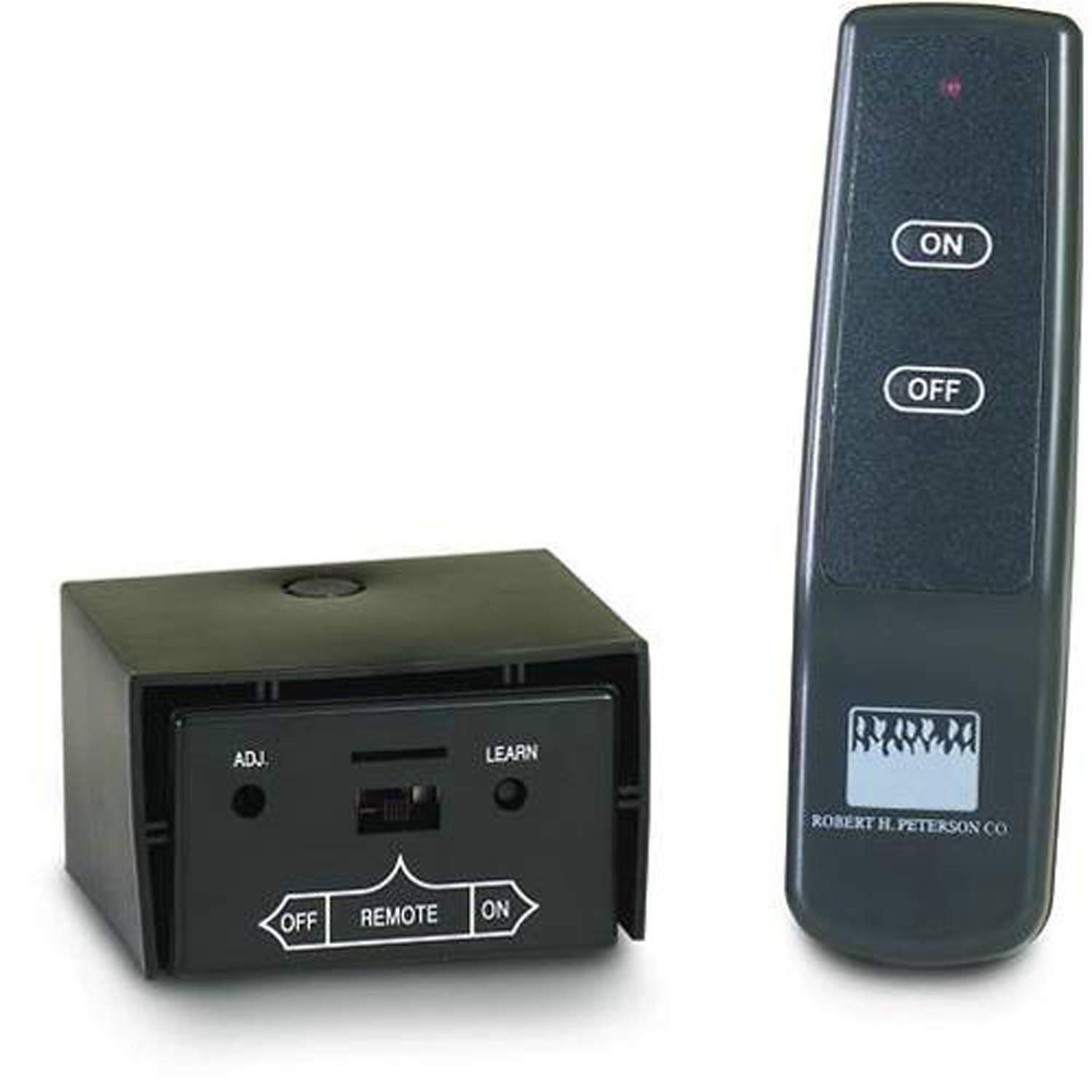 Fireplace remote control with ON and OFF buttons, plus remote receiver module
