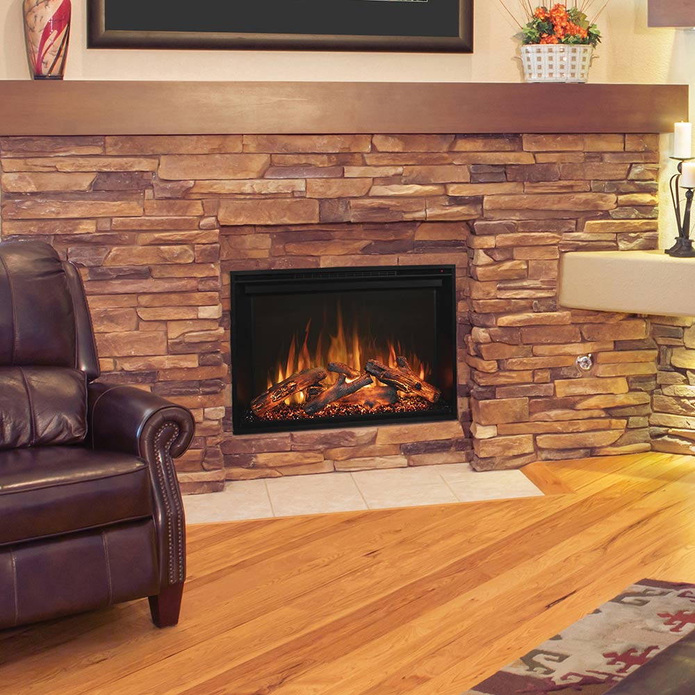 Built-in electric fireplace with stone surround and orange flame screen