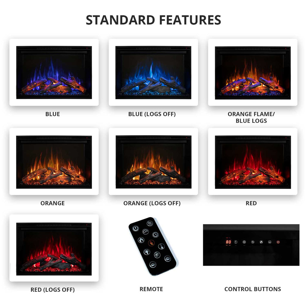 Electric fireplace flame color options with remote control and control buttons