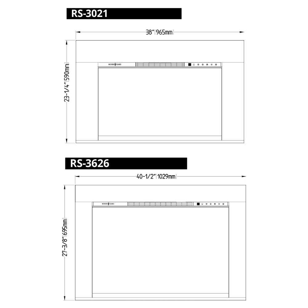 Electric fireplace insert line drawing with overall dimensions labeled for RS-3626
