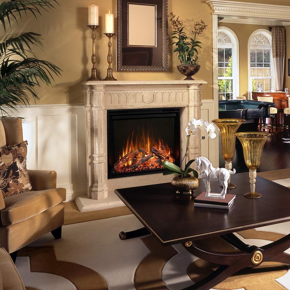 Built-in electric fireplace with realistic flames in a dark firebox