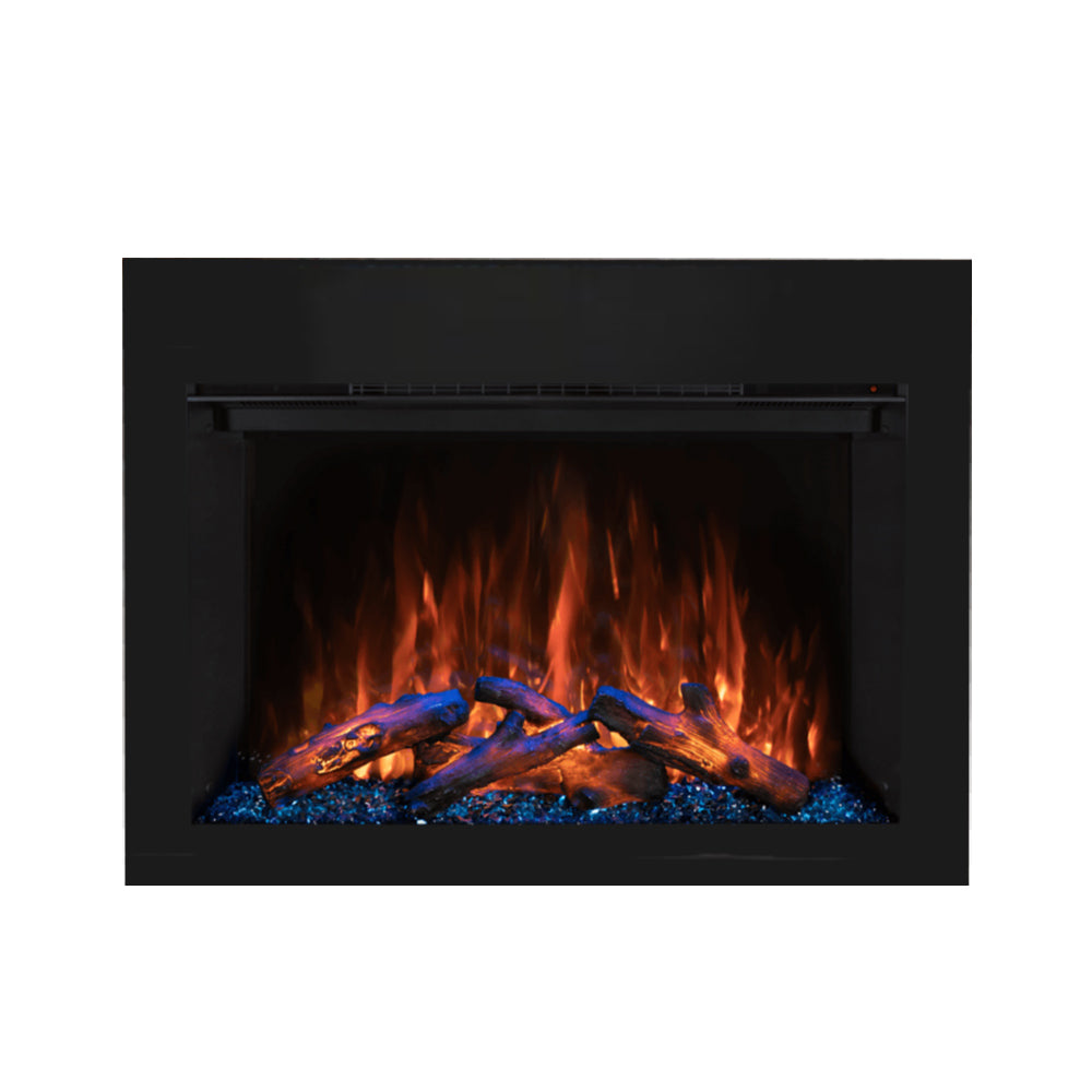 Black built-in electric fireplace insert with glowing flames and log set in surround