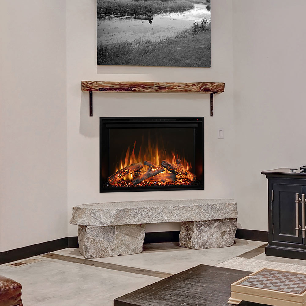 Built-in electric fireplace with glowing log bed and orange-red flame