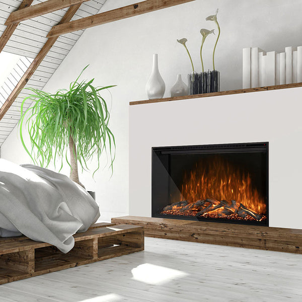 Built-in electric fireplace with black frame and orange flame display
