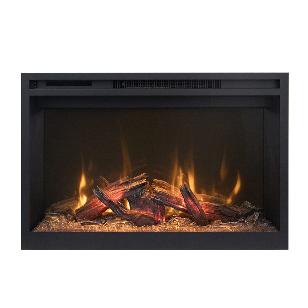Built-in electric fireplace front view with dark surround and glowing logs