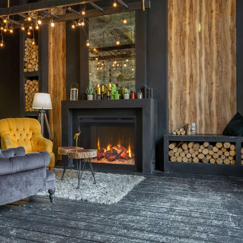 Built-in electric fireplace with dark surround and visible flames in a living room