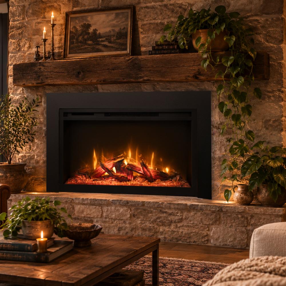 Built-in electric fireplace in stone wall with black frame and lit fire insert
