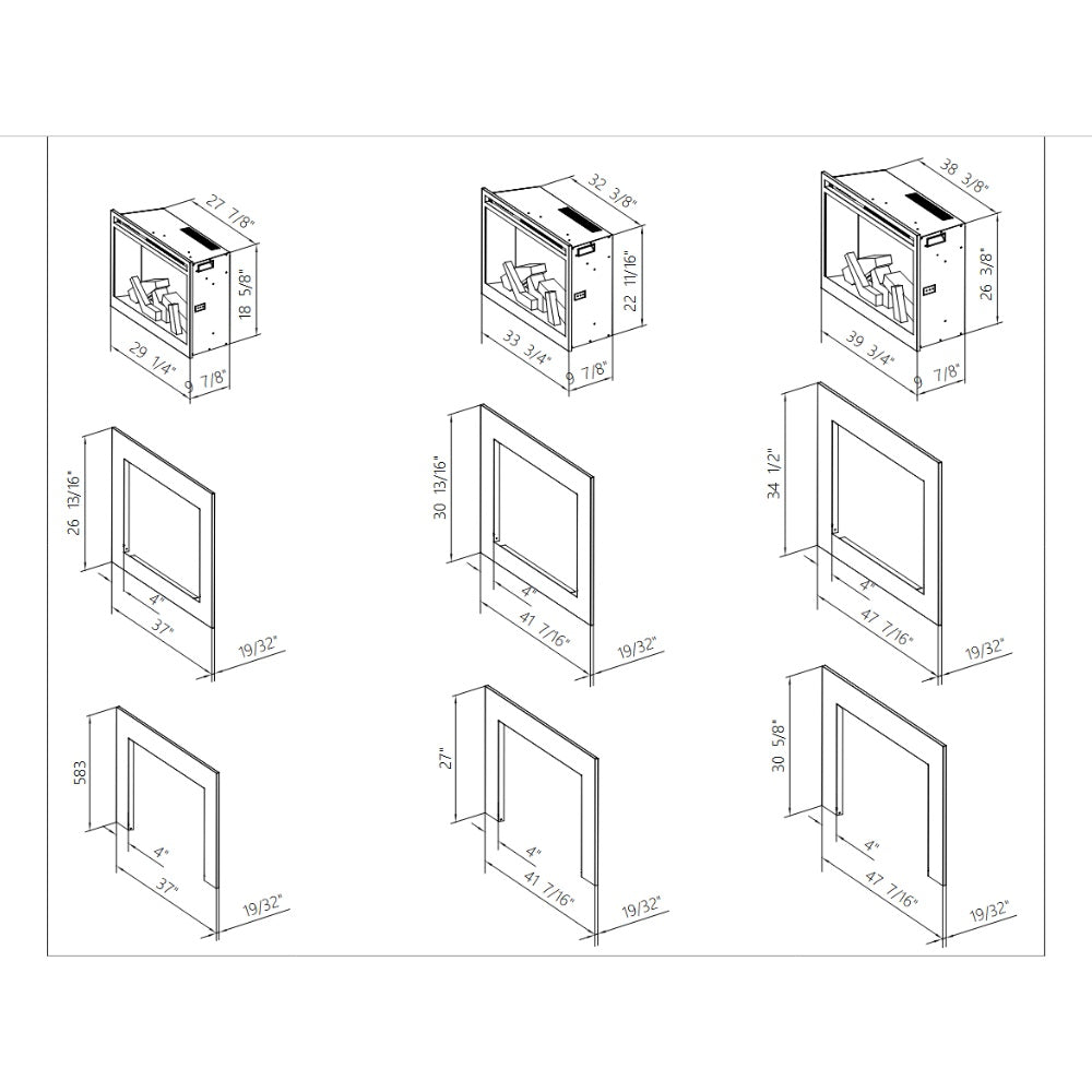 Built-in electric fireplace dimension sheet with multiple views and measurements