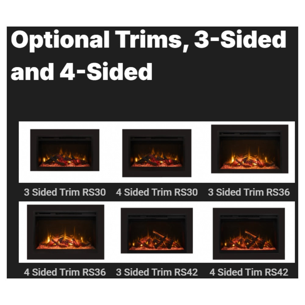 Built-in electric fireplace trim options, showing 3-sided and 4-sided layouts