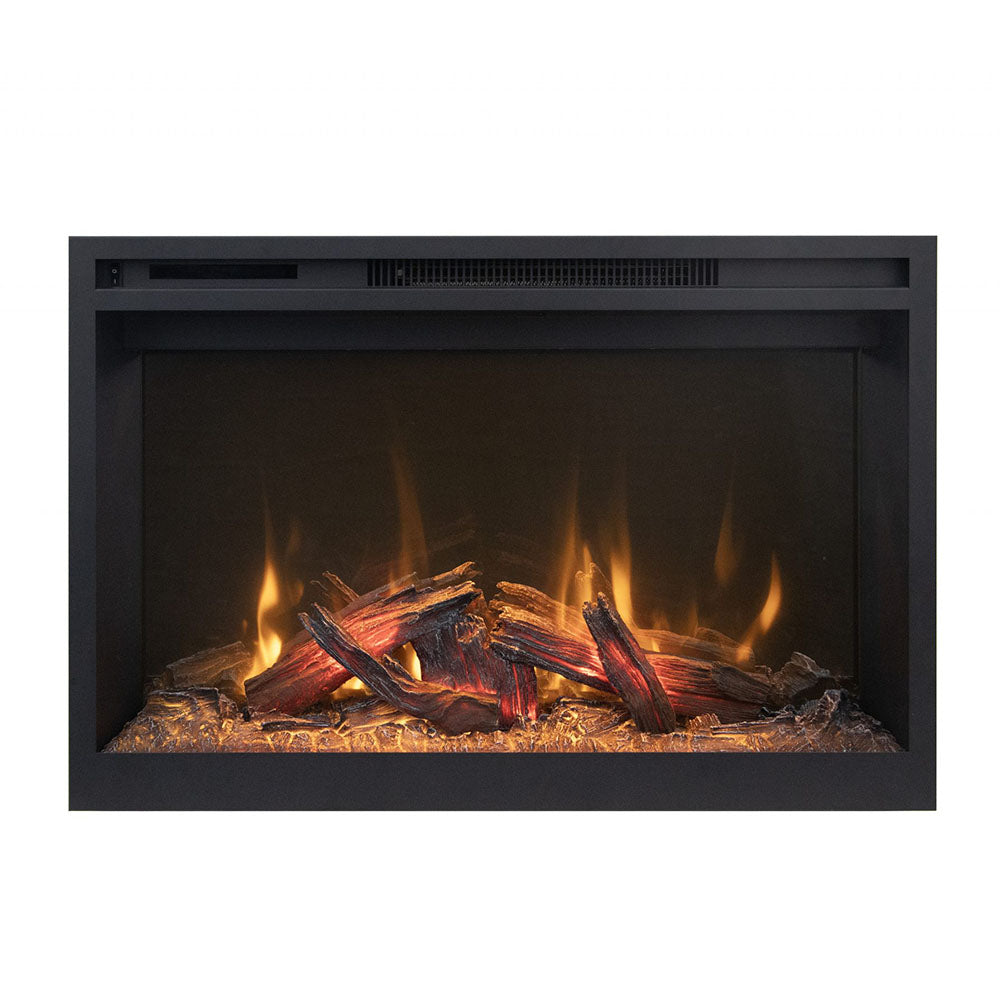 Built-in electric fireplace front view with dark surround and burning log bed