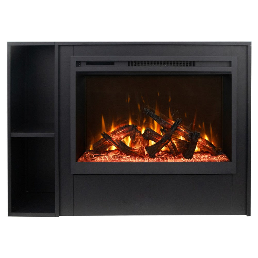 Black electric fireplace front with glowing simulated log fire.