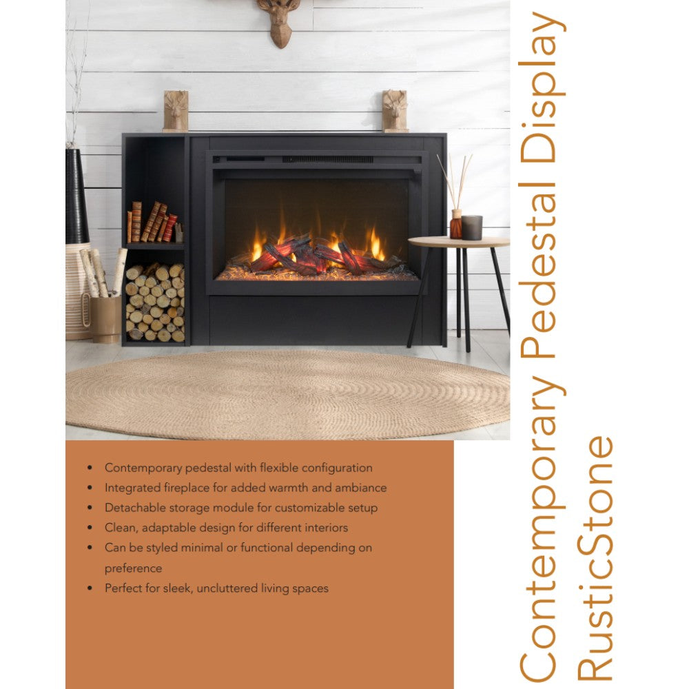 Dark electric fireplace with pedestal base and side storage shelves, flame effect display.