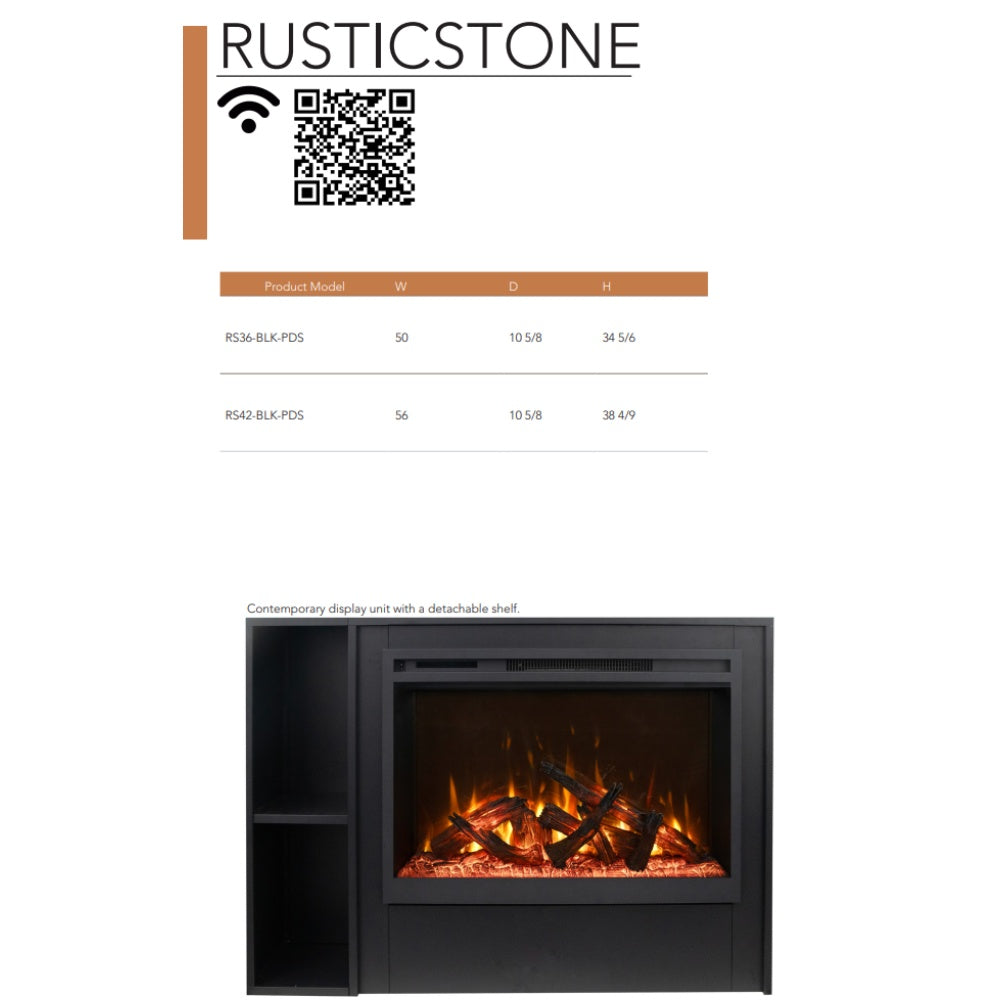 Electric fireplace unit with side cabinet shelves and flame effect, shown with product specs
