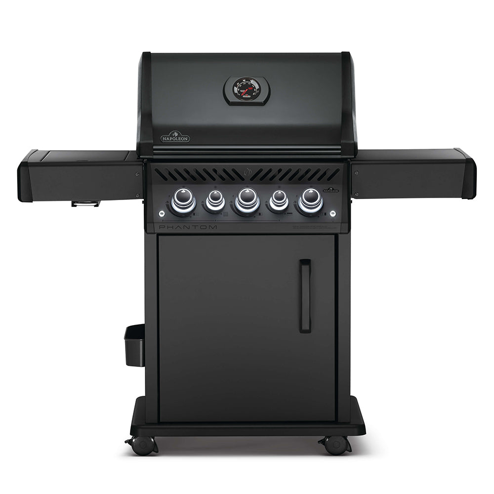Black gas grill on cart with control knobs and side shelf, front view