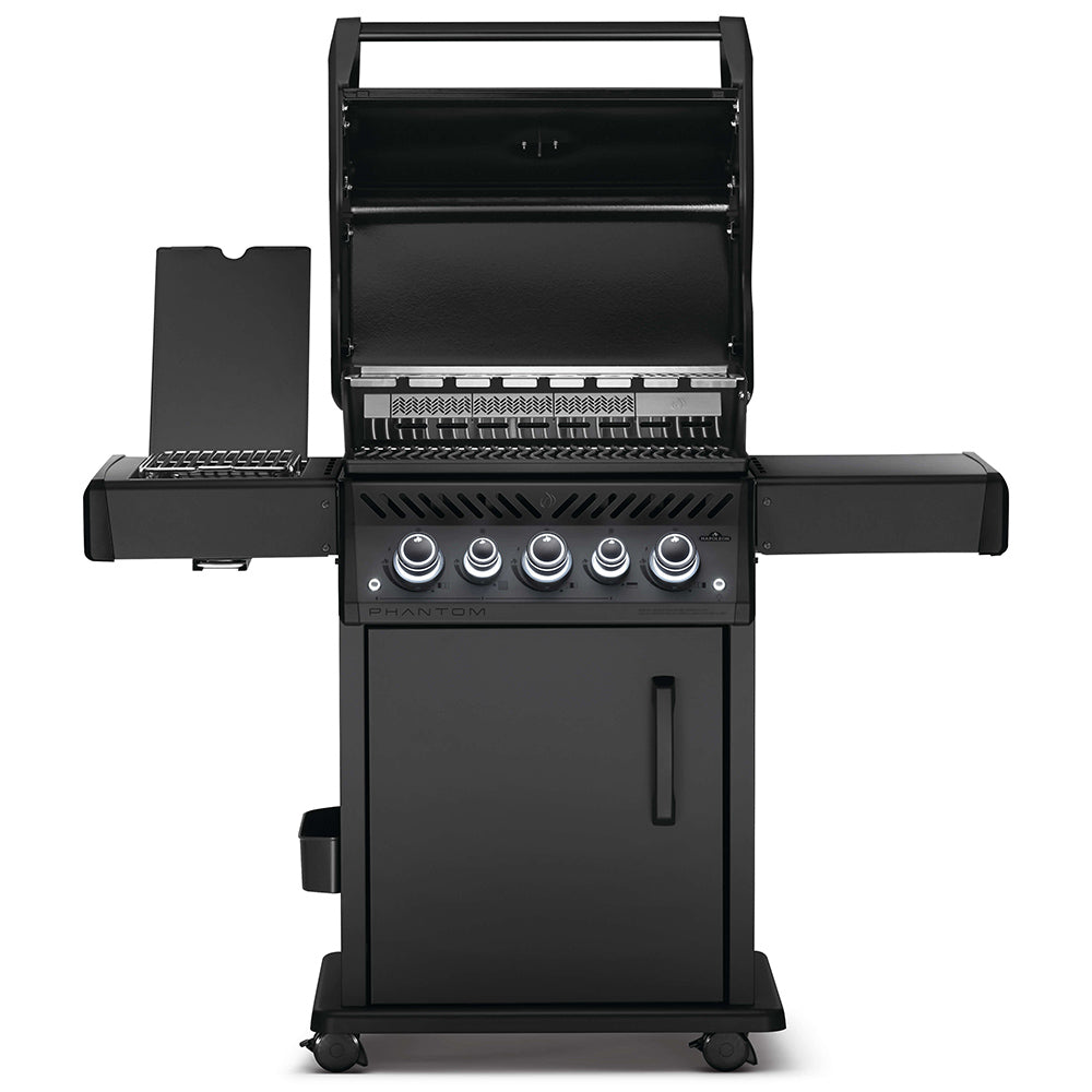 Black gas grill with open hood showing burners and cooking grates