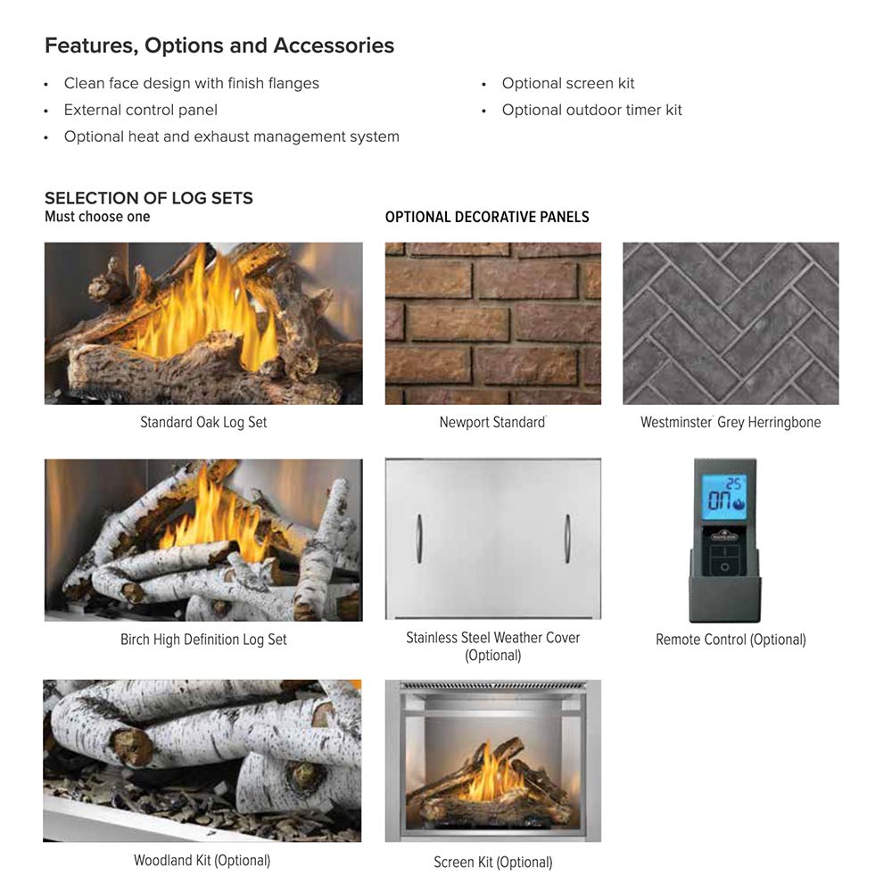 Outdoor gas fireplace features infographic showing log sets and optional decorative panels