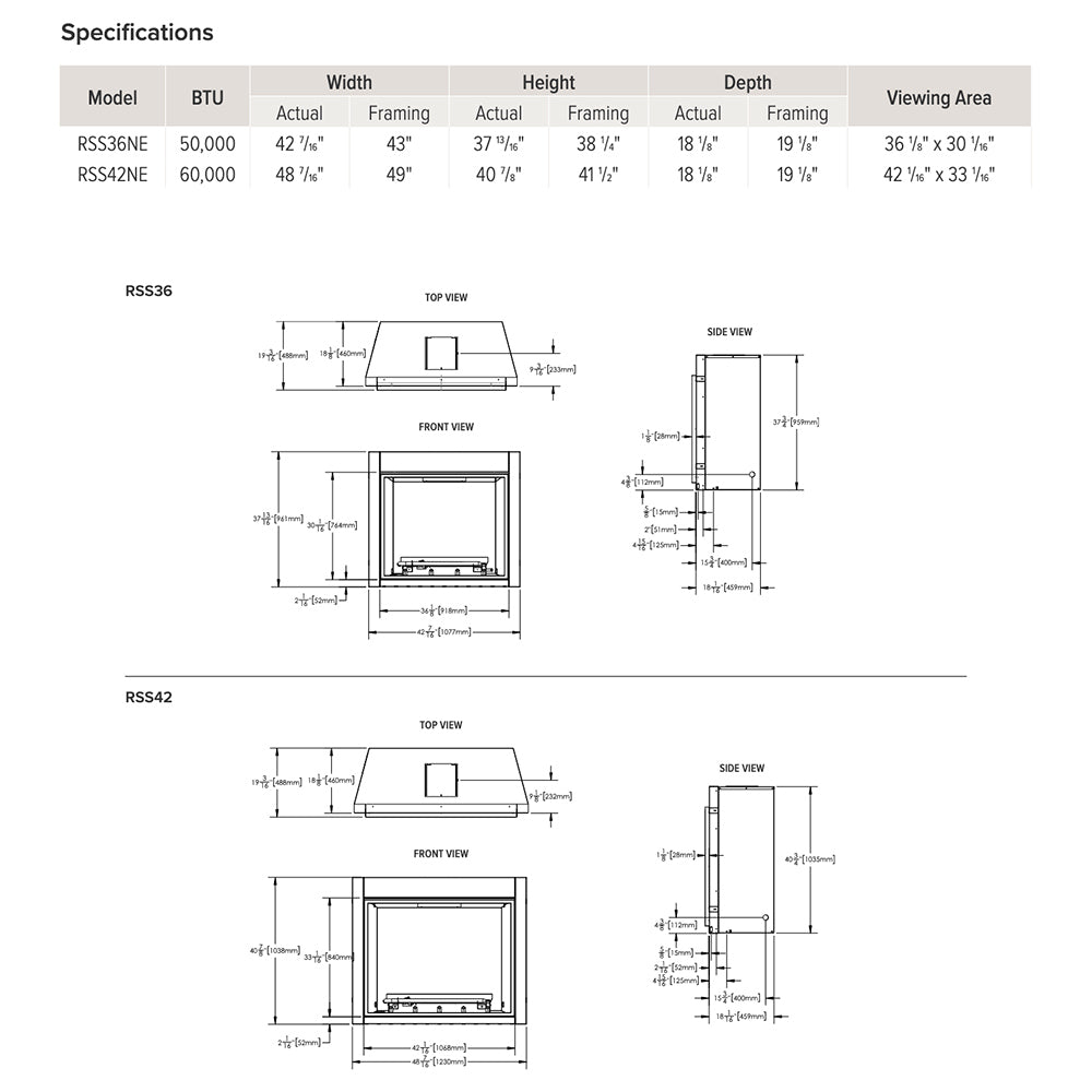 Outdoor gas fireplace specification diagram with front and side dimensions