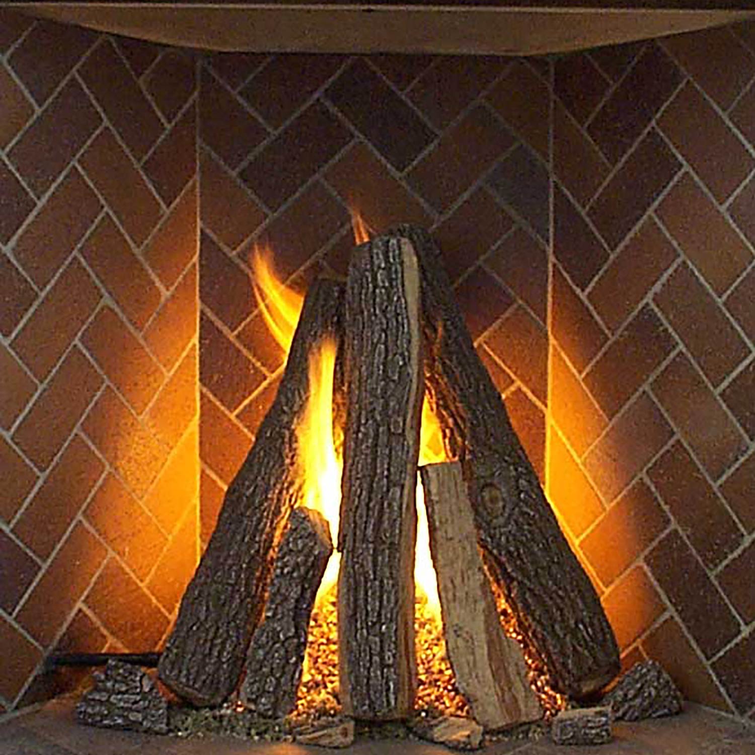Rasmussen fireplace log set with upright log and glowing flames in burner